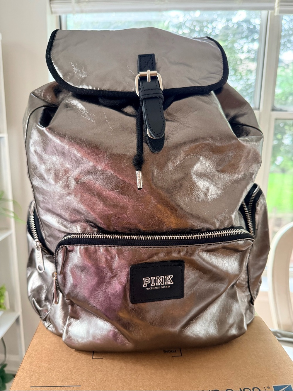 PINK Victoria's Secret Metallic Pewter Backpack with Black Trim